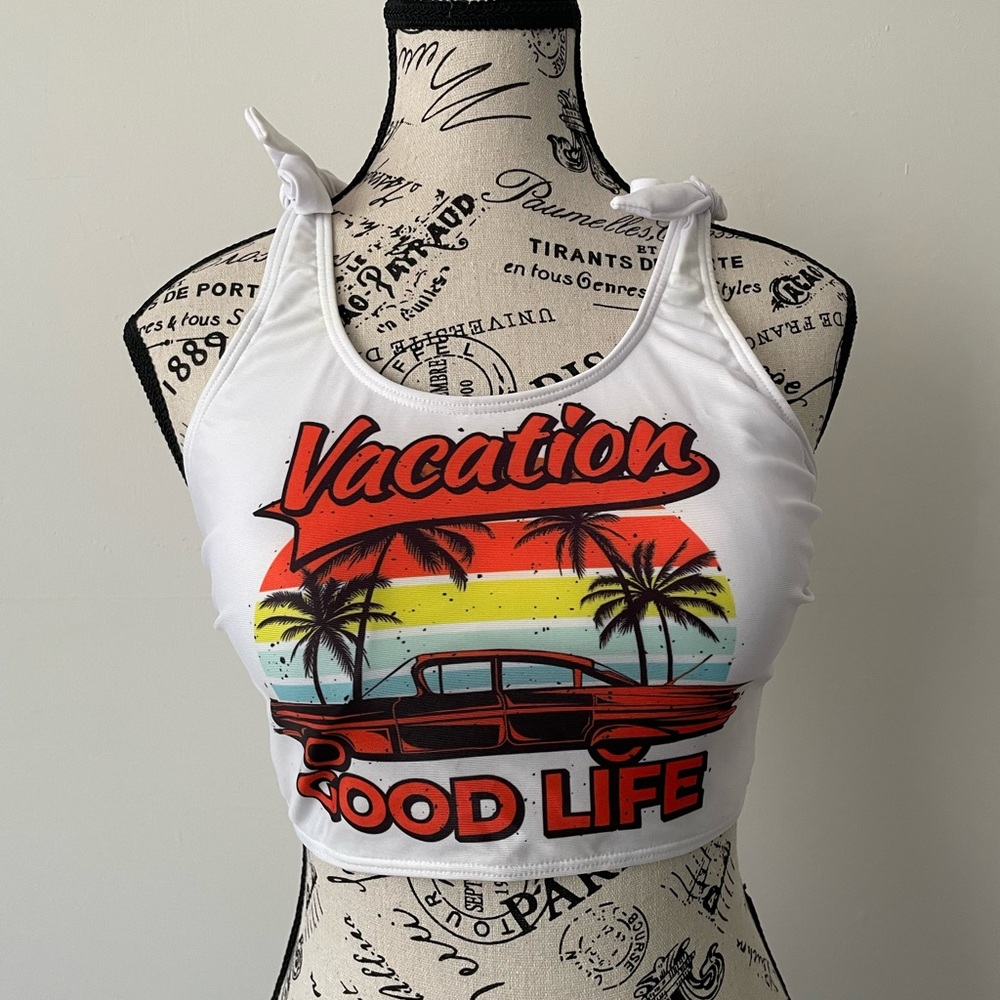 NWT ‘Vacation Good Life’ Crop Top Graphic Padded Tie Strap Halter Retro